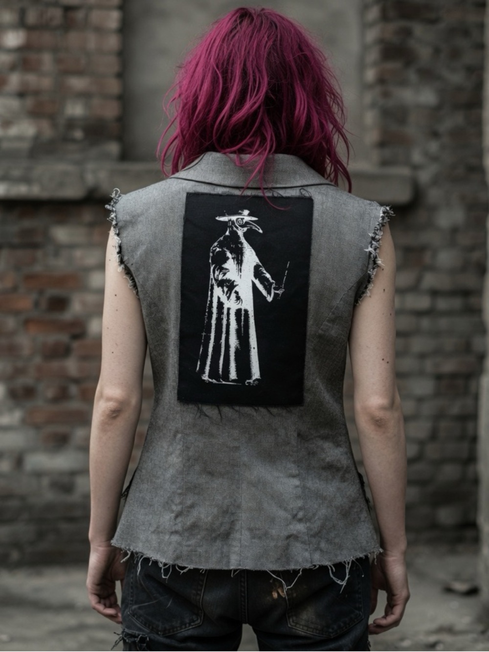 Plague Doctor Grey Distressed Sleeveless Vest with Graphic Back Patch